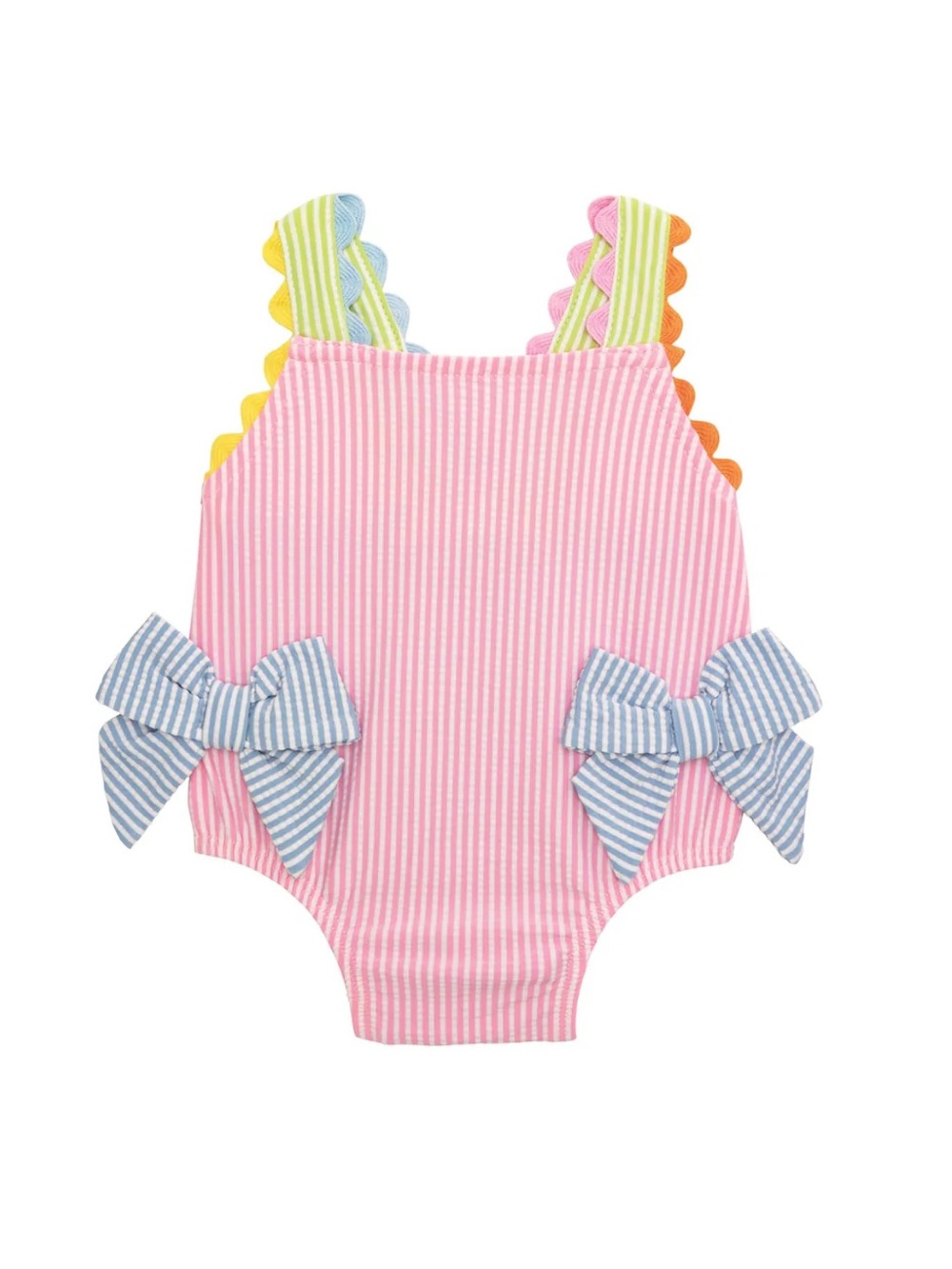 Pink Seersucker Baby Romper with Striped Bows